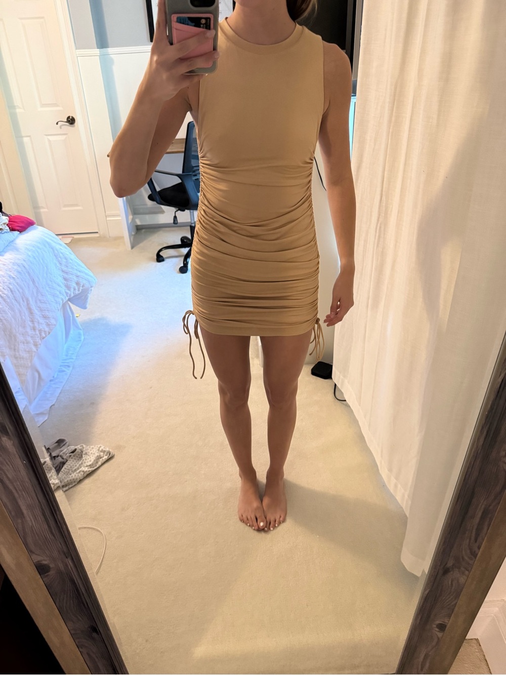 superdown Sleeveless Ruched Mini Dress in Camel